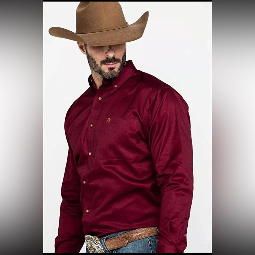 Ariat Men's Solid Twill Long Sleeve Button Shirt Burgundy Equestrian anti-UV 2XL